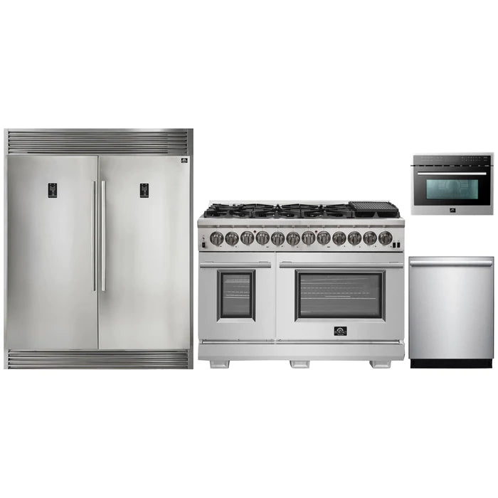 Forno 4-Piece Pro Appliance Package - 48" Dual Fuel Range, 56" Pro-Style Refrigerator, Microwave Oven, & 3-Rack Dishwasher in Stainless Steel