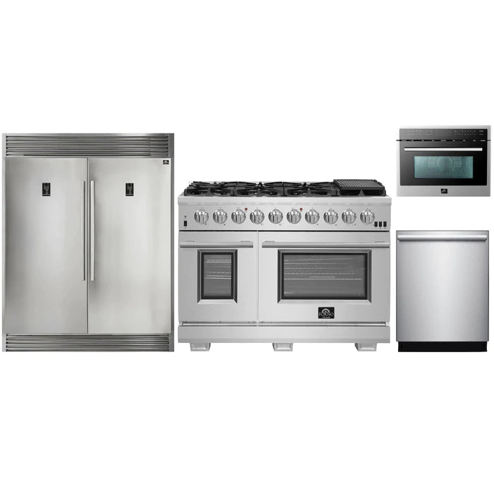 Forno 4-Piece Pro Appliance Package - 48" Gas Range, 56" Pro-Style Refrigerator, Microwave Oven, & 3-Rack Dishwasher in Stainless Steel