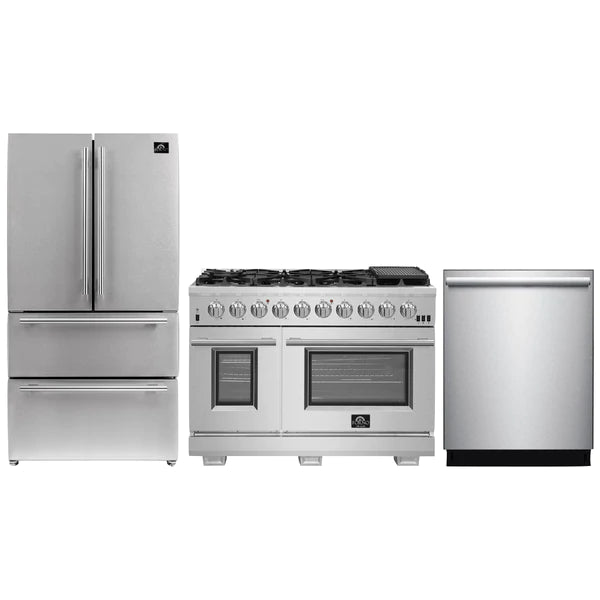 Forno 3-Piece Pro Appliance Package - 48" Gas Range, French Door Refrigerator, and Dishwasher in Stainless Steel