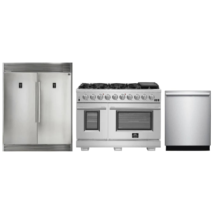 Forno 3-Piece Pro Appliance Package - 48" Gas Range, 56" Pro-Style Refrigerator, and Dishwasher in Stainless Steel
