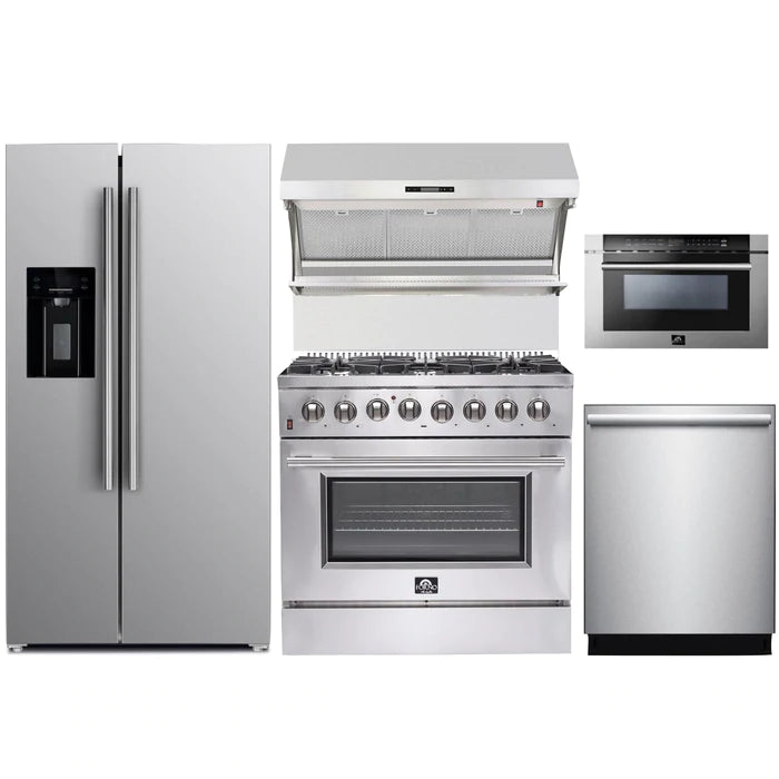 Forno 5-Piece Appliance Package - 36" Dual Fuel Range, 36" Refrigerator with Water Dispenser, Wall Mount Hood with Backsplash, Microwave Drawer, & 3-Rack Dishwasher in Stainless Steel