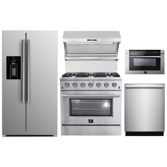 Forno 5-Piece Appliance Package - 36" Gas Range, 36" Refrigerator with Water Dispenser, Wall Mount Hood with Backsplash, Microwave Drawer, & 3-Rack Dishwasher in Stainless Steel