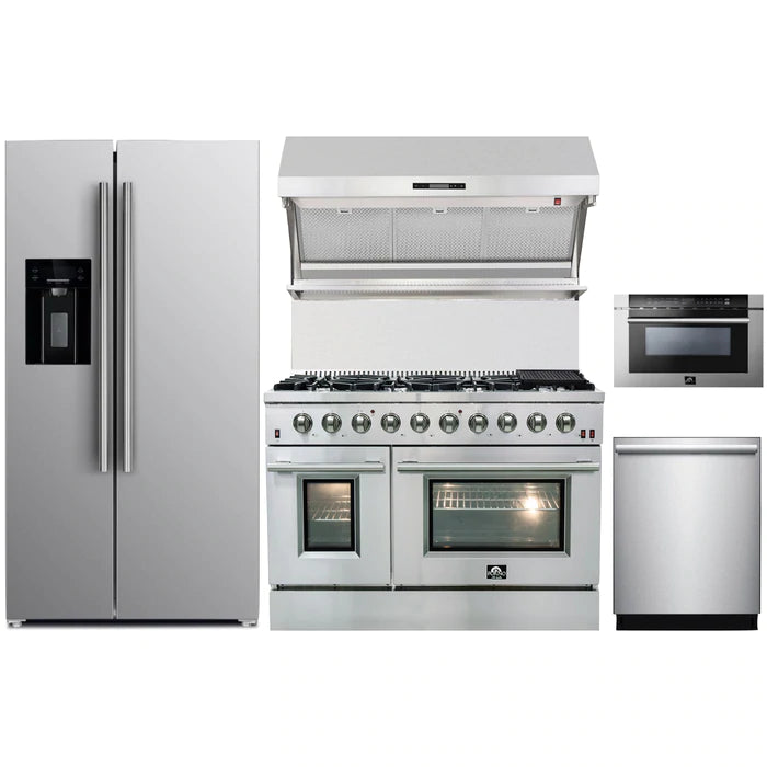 Forno 5-Piece Appliance Package - 48" Gas Range, 36" Refrigerator with Water Dispenser, Wall Mount Hood with Backsplash, Microwave Drawer, & 3-Rack Dishwasher in Stainless Steel