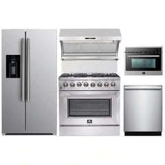 Forno 5-Piece Appliance Package - 36" Dual Fuel Range, 36" Refrigerator with Water Dispenser, Wall Mount Hood with Backsplash, Microwave Oven, & 3-Rack Dishwasher in Stainless Steel