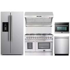 Forno 5-Piece Appliance Package - 48" Dual Fuel Range, 36" Refrigerator with Water Dispenser, Wall Mount Hood with Backsplash, Microwave Oven, & 3-Rack Dishwasher in Stainless Steel