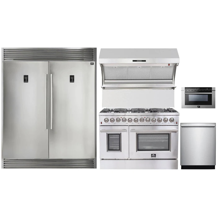 Forno 5-Piece Appliance Package - 48" Dual Fuel Range, 56" Pro-Style Refrigerator, Wall Mount Hood with Backsplash, Microwave Drawer, & 3-Rack Dishwasher in Stainless Steel