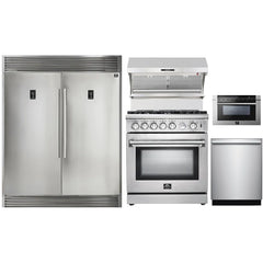 Forno 5-Piece Appliance Package - 30" Gas Range, 56" Pro-Style Refrigerator, Wall Mount Hood with Backsplash, Microwave Drawer, & 3-Rack Dishwasher in Stainless Steel