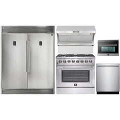 Forno 5-Piece Appliance Package - 36" Dual Fuel Range, 56" Pro-Style Refrigerator, Wall Mount Hood with Backsplash, Microwave Oven, & 3-Rack Dishwasher in Stainless Steel