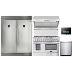 Forno 5-Piece Appliance Package - 48" Dual Fuel Range, 56" Pro-Style Refrigerator, Wall Mount Hood with Backsplash, Microwave Oven, & 3-Rack Dishwasher in Stainless Steel