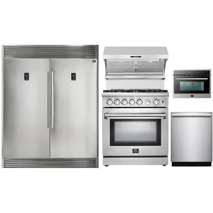 Forno 5-Piece Appliance Package - 30" Gas Range, 56" Pro-Style Refrigerator, Wall Mount Hood with Backsplash, Microwave Oven, & 3-Rack Dishwasher in Stainless Steel