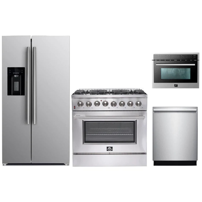 Forno 4-Piece Appliance Package - 36" Dual Fuel Range, 36" Refrigerator with Water Dispenser, Microwave Oven, & 3-Rack Dishwasher in Stainless Steel