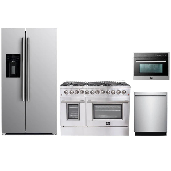 Forno 4-Piece Appliance Package - 48" Dual Fuel Range, 36" Refrigerator with Water Dispenser, Microwave Oven, & 3-Rack Dishwasher in Stainless Steel