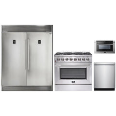 Forno 4-Piece Appliance Package - 36" Dual Fuel Range, 56" Pro-Style Refrigerator, Microwave Drawer, & 3-Rack Dishwasher in Stainless Steel