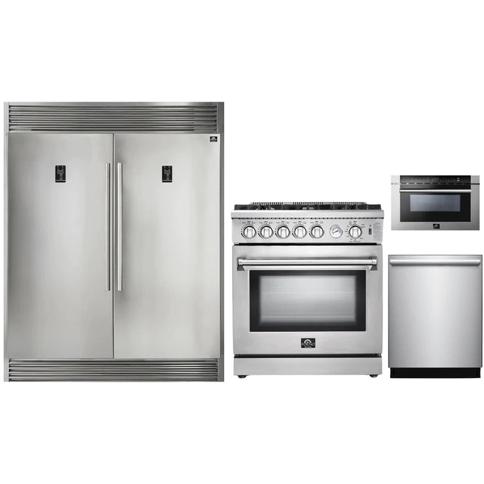 Forno 4-Piece Appliance Package - 30" Gas Range, 56" Pro-Style Refrigerator, Microwave Drawer, & 3-Rack Dishwasher in Stainless Steel