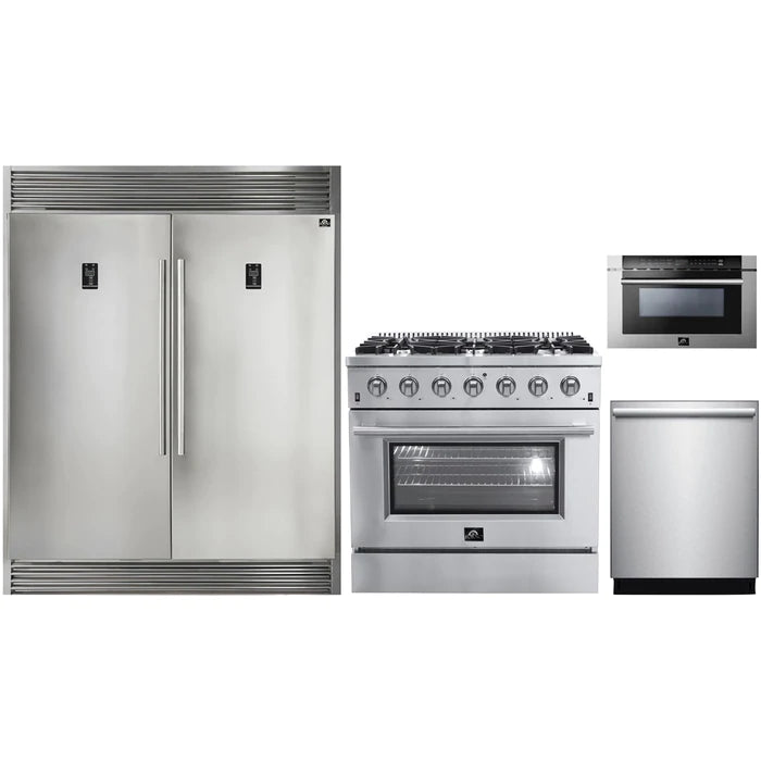 Forno 4-Piece Appliance Package - 36" Gas Range, 56" Pro-Style Refrigerator, Microwave Drawer, & 3-Rack Dishwasher in Stainless Steel
