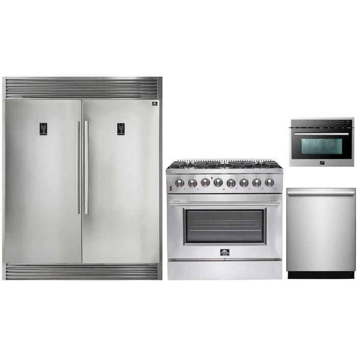 Forno 4-Piece Appliance Package - 36" Dual Fuel Range, 56" Pro-Style Refrigerator, Microwave Oven, & 3-Rack Dishwasher in Stainless Steel