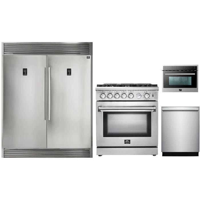 Forno 4-Piece Appliance Package - 30" Gas Range, 56" Pro-Style Refrigerator, Microwave Oven, & 3-Rack Dishwasher in Stainless Steel