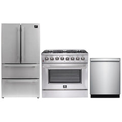 Forno 3-Piece Appliance Package - 36" Dual Fuel Range, French Door Refrigerator, and Dishwasher in Stainless Steel