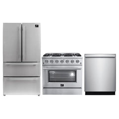 Forno 3-Piece Appliance Package - 36" Gas Range, French Door Refrigerator, and Dishwasher in Stainless Steel