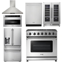 Thor Kitchen Package - 36 in. Natural Gas Range, Range Hood, Microwave Drawer, Refrigerator with Fridge and Ice Maker, Dishwasher, Wine Cooler