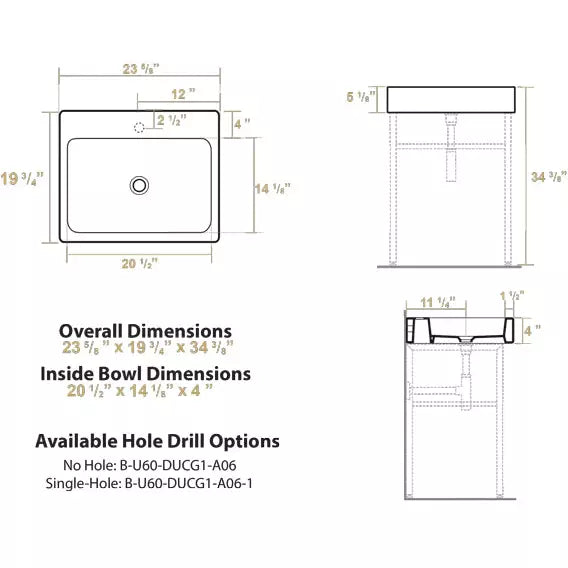 WHITEHAUS 23″ Britannia Rectangular Sink Console with Front Towel Bar – B-U60-DUCG1-A06