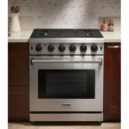 Thor Kitchen Package - 30 in. Gas Range, Range Hood, Refrigerator with Water and Ice Dispenser, Dishwasher, Wine Cooler