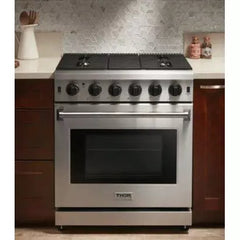 Thor Kitchen Package - 30 in. Natural Gas Range, Range Hood, Microwave Drawer, Refrigerator with Water and Ice Dispenser, Dishwasher