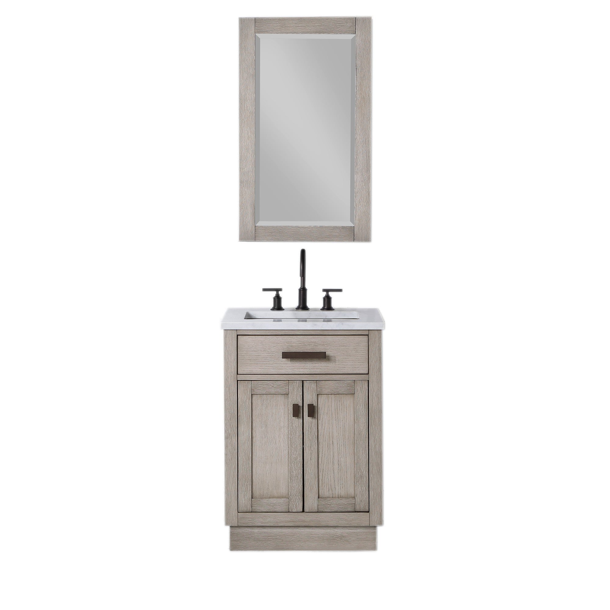 Water Creation 24" Chestnut Single Sink Carrara White Marble Countertop Vanity In Grey Oak with Grooseneck Faucet and Mirror - CH24CW03GK-R21BL1403