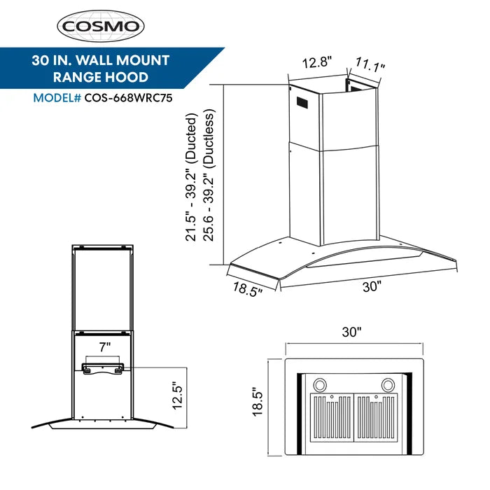 Cosmo 30" 380 Cubic Feet Per Minute CFM Ductless Wall Mount Range Hood in Stainless Steel with Charcoal Filter and Light Included - COS-668WRC75-DL