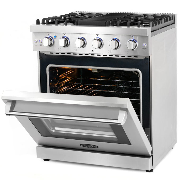 Cosmo 30" Slide-In Freestanding Gas Range with 5 Sealed Burners, Cast Iron Grates, 4.5 cu. ft. Capacity Convection Oven in Stainless Steel - COS-EPGR304