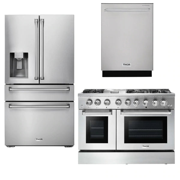 Thor Kitchen Appliance Package - 48 In. Propane Gas Burner, Electric Oven Range, Refrigerator with Water and Ice Dispenser, Dishwasher