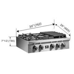 Forno Spezia 30-Inch Gas Cooktop, 4 Burners, Wok Ring and Grill/Griddle in Stainless Steel - FCTGS5751-30