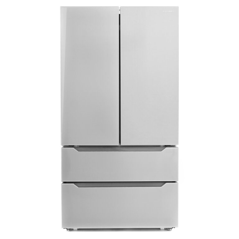 Cosmo 4 Piece Appliance Package with 36" Freestanding Gas Range 36" Island Mount Range Hood 24" Built-in Fully Integrated Dishwasher & Energy Star French Door Refrigerator