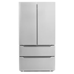 Cosmo 4 Piece Kitchen Package with 36" Freestanding Gas Range 30" Wall Mount Range Hood 24" Built-in Fully Integrated Dishwasher & Energy Star French Door Refrigerator