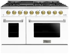 Forte 48" Freestanding All Gas Range - 8 Sealed Italian Made Burners, 5.53 cu. ft. Oven & Griddle - in Stainless Steel With White Door And Brass Knob (FGR488BWW4)