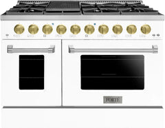 Forte 48" Freestanding All Gas Range - 8 Sealed Italian Made Burners, 5.53 cu. ft. Oven & Griddle - in Stainless Steel With White Door And Brass Knob (FGR488BWW4)