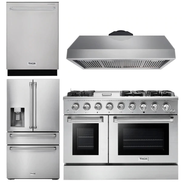 Thor Kitchen Package - 48 in. Gas Range, Range Hood, Refrigerator with Water and Ice Dispenser, Dishwasher