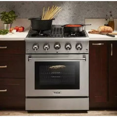 Thor Kitchen Package - 30 in. Propane Gas Burner/Electric Oven Range, Range Hood, Microwave Drawer, Refrigerator, Dishwasher
