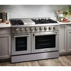 Thor Kitchen Package - 48 In. Propane Gas Burner, Electric Oven Range, Range Hood, Refrigerator, Microwave Drawer, Wine Cooler