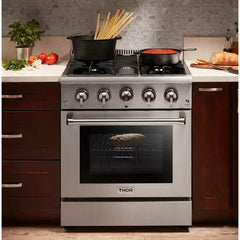 Thor Kitchen Package - 30 in. Propane Gas Range, Range Hood, Microwave Drawer, Refrigerator, Dishwasher