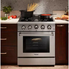 Thor Kitchen Package - 30 In. Propane Gas Range, Range Hood, Refrigerator with Water and Ice Dispenser, Dishwasher
