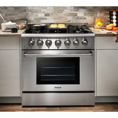 Thor Kitchen Package - 36 In. Gas Range, Range Hood, Microwave Drawer, Refrigerator with Water and Ice Dispenser, Dishwasher