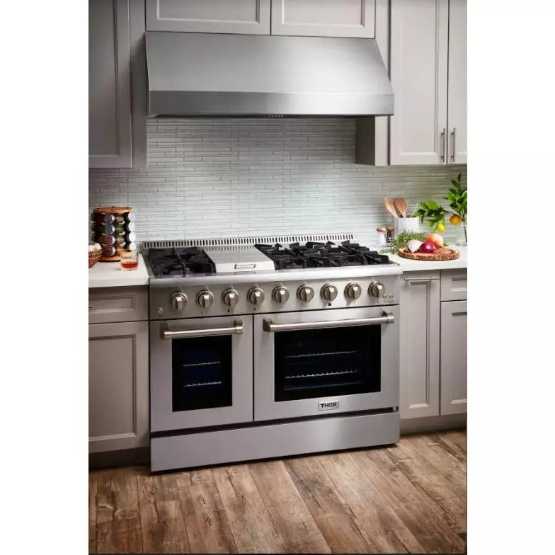 Thor Kitchen Professional 48 in. Propane Gas Range, Range Hood, Refrigerator, Dishwasher Package