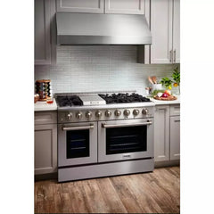 Thor Kitchen Professional Package 48 in. Propane Gas Range, Range Hood, Refrigerator with Water and Ice Dispenser, Dishwasher, Microwave Drawer, Wine Cooler