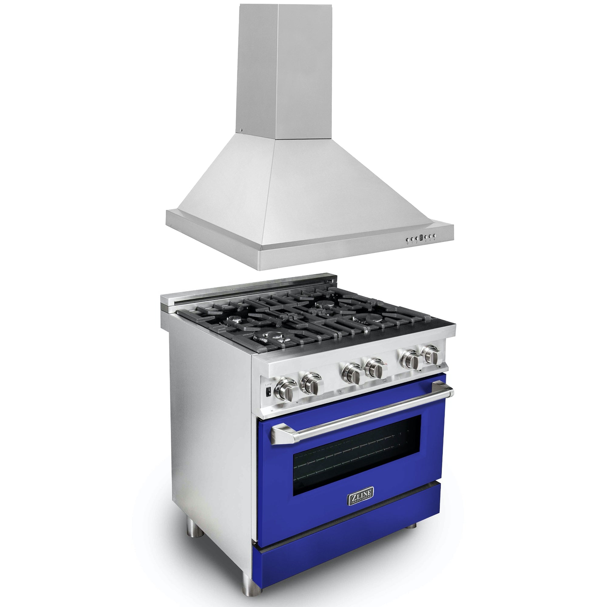 ZLINE 30" Kitchen Package with Stainless Steel Dual Fuel Range with Blue Gloss Door and Convertible Vent Range Hood - 2KP-RABGRH30