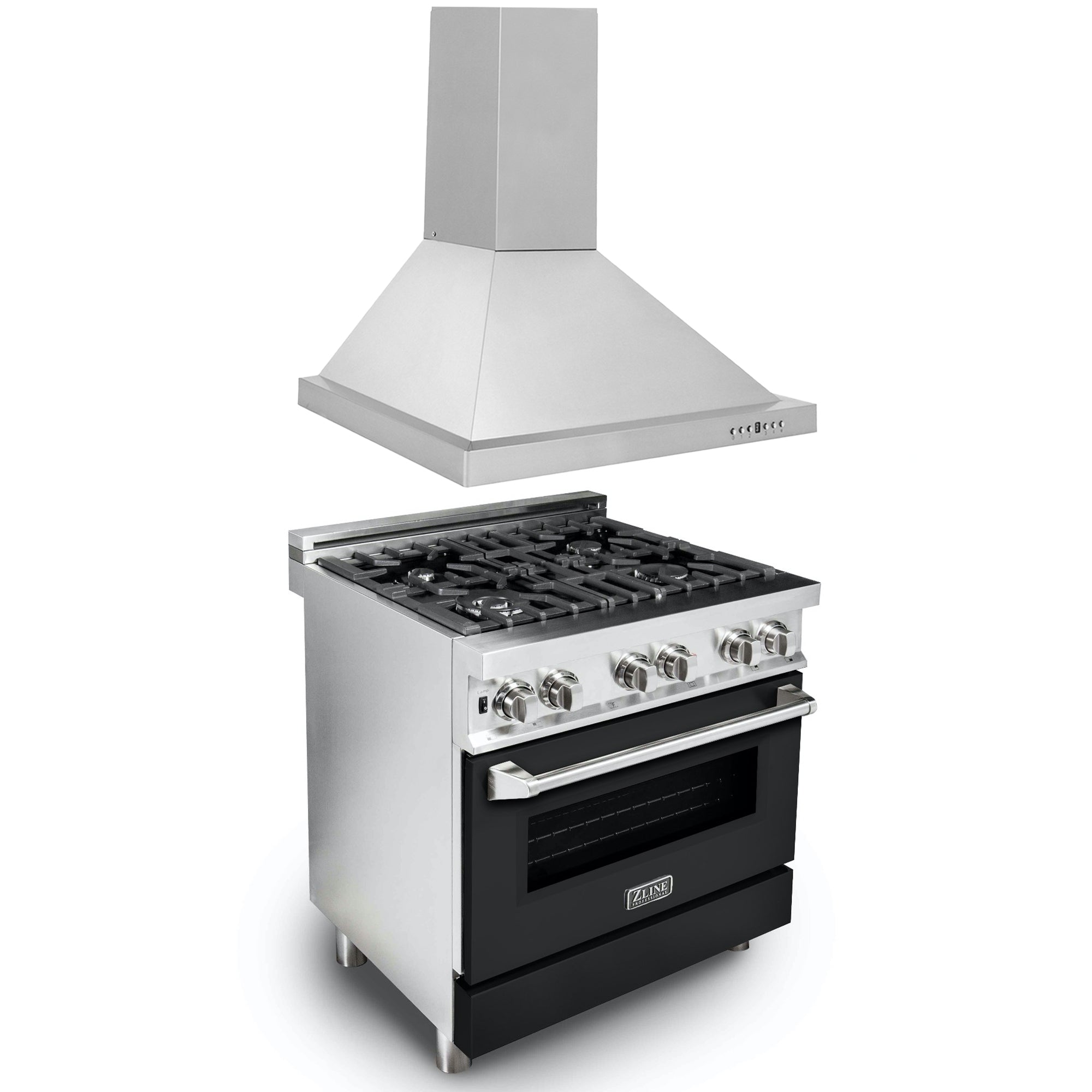 ZLINE 30" Kitchen Package with Stainless Steel Dual Fuel Range with Black Matte Door and Convertible Vent Range Hood - 2KP-RABLMRH30