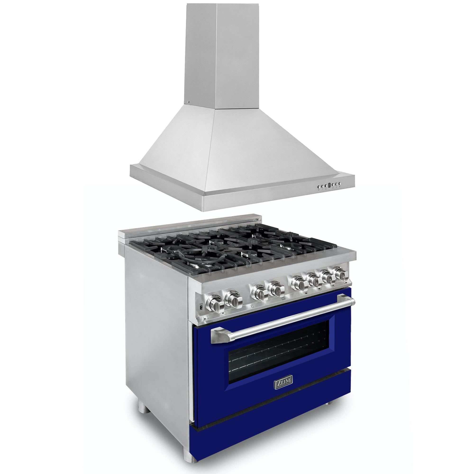 ZLINE 36" Kitchen Package with Stainless Steel Dual Fuel Range with Blue Matte Door and Convertible Vent Range Hood - 2KP-RABMRH36
