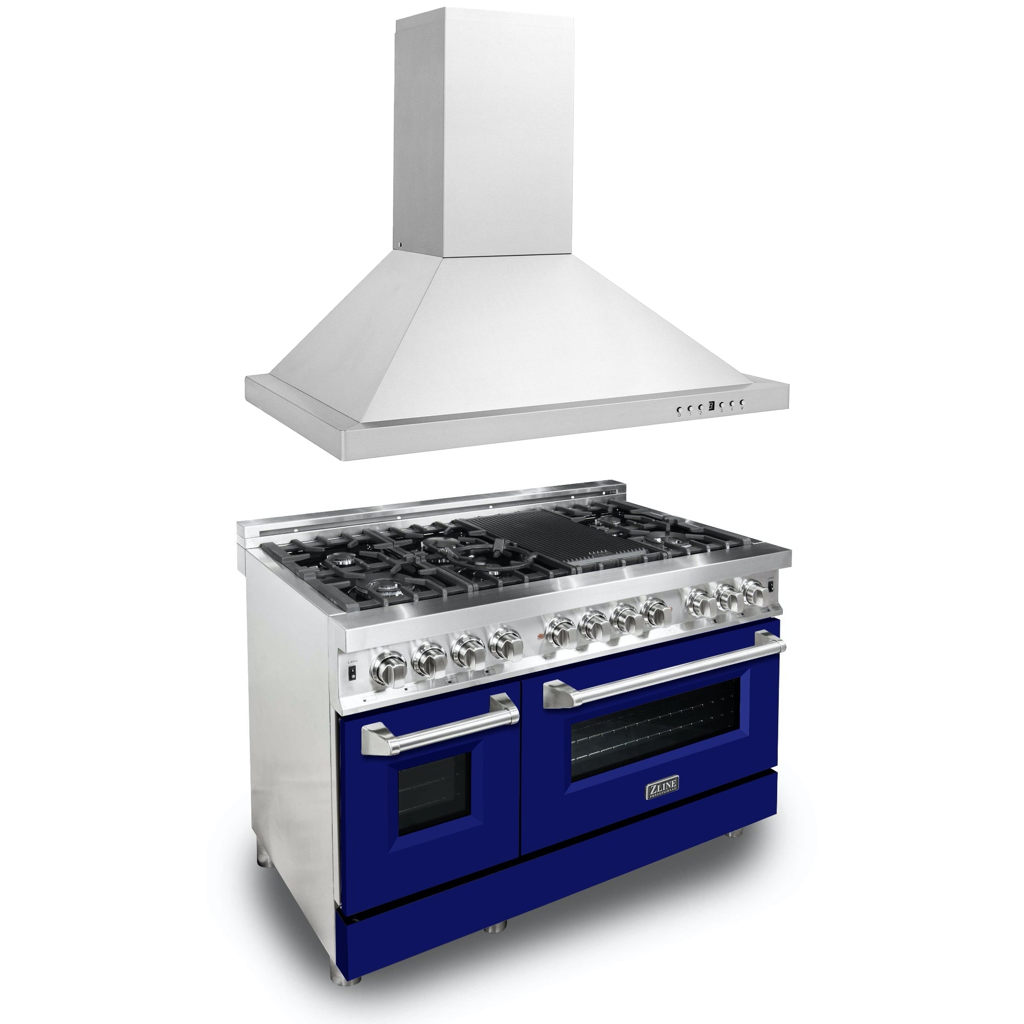ZLINE 48" Kitchen Package with Stainless Steel Dual Fuel Range with Blue Matte Door and Convertible Vent Range Hood - 2KP-RABMRH48