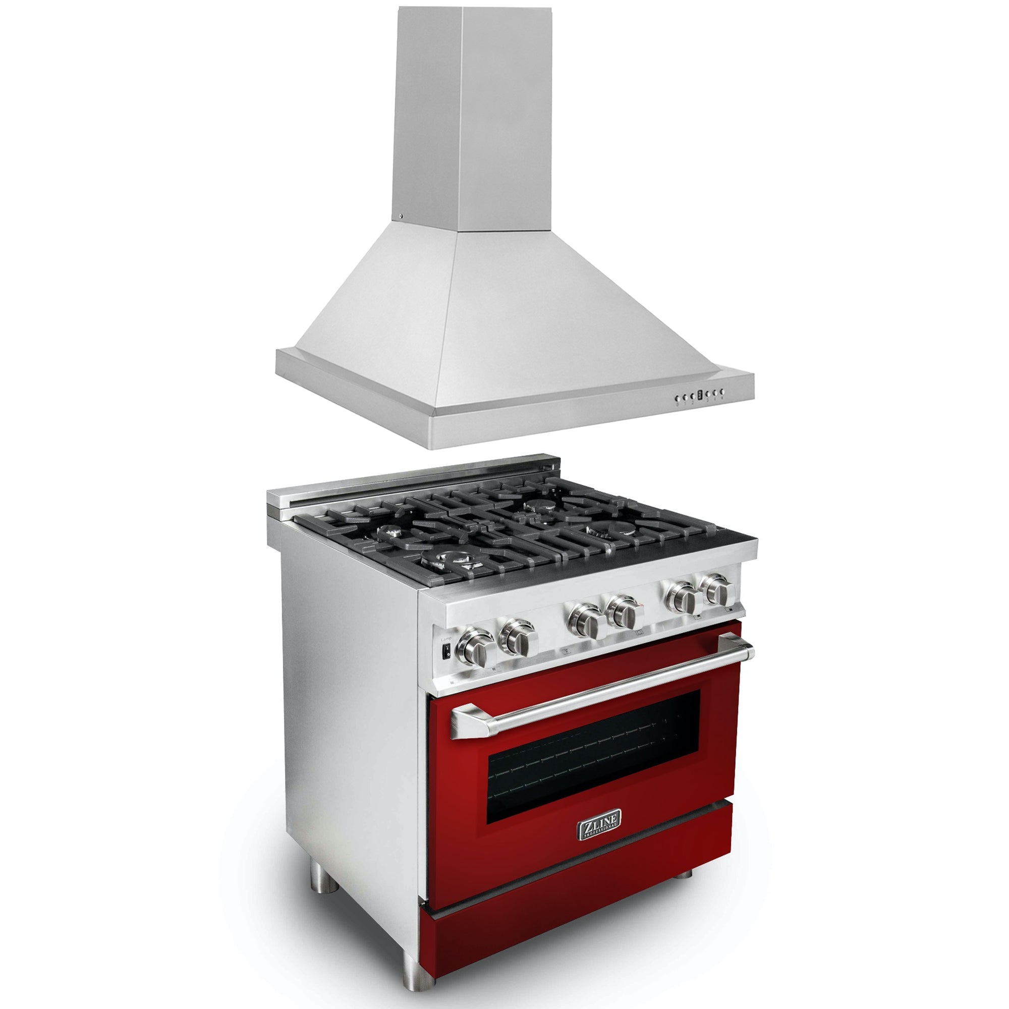 ZLINE 30" Kitchen Package with Stainless Steel Dual Fuel Range with Red Gloss Door and Convertible Vent Range Hood - 2KP-RARGRH30