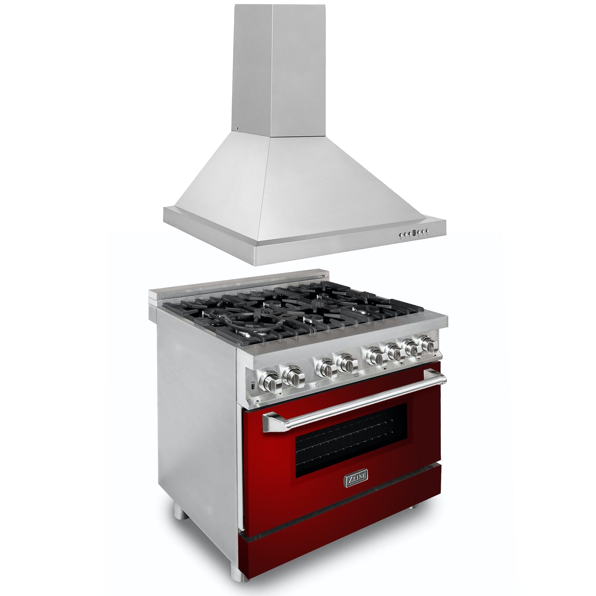 ZLINE 36" Kitchen Package with Stainless Steel Dual Fuel Range with Red Gloss Door and Convertible Vent Range Hood - 2KP-RARGRH36